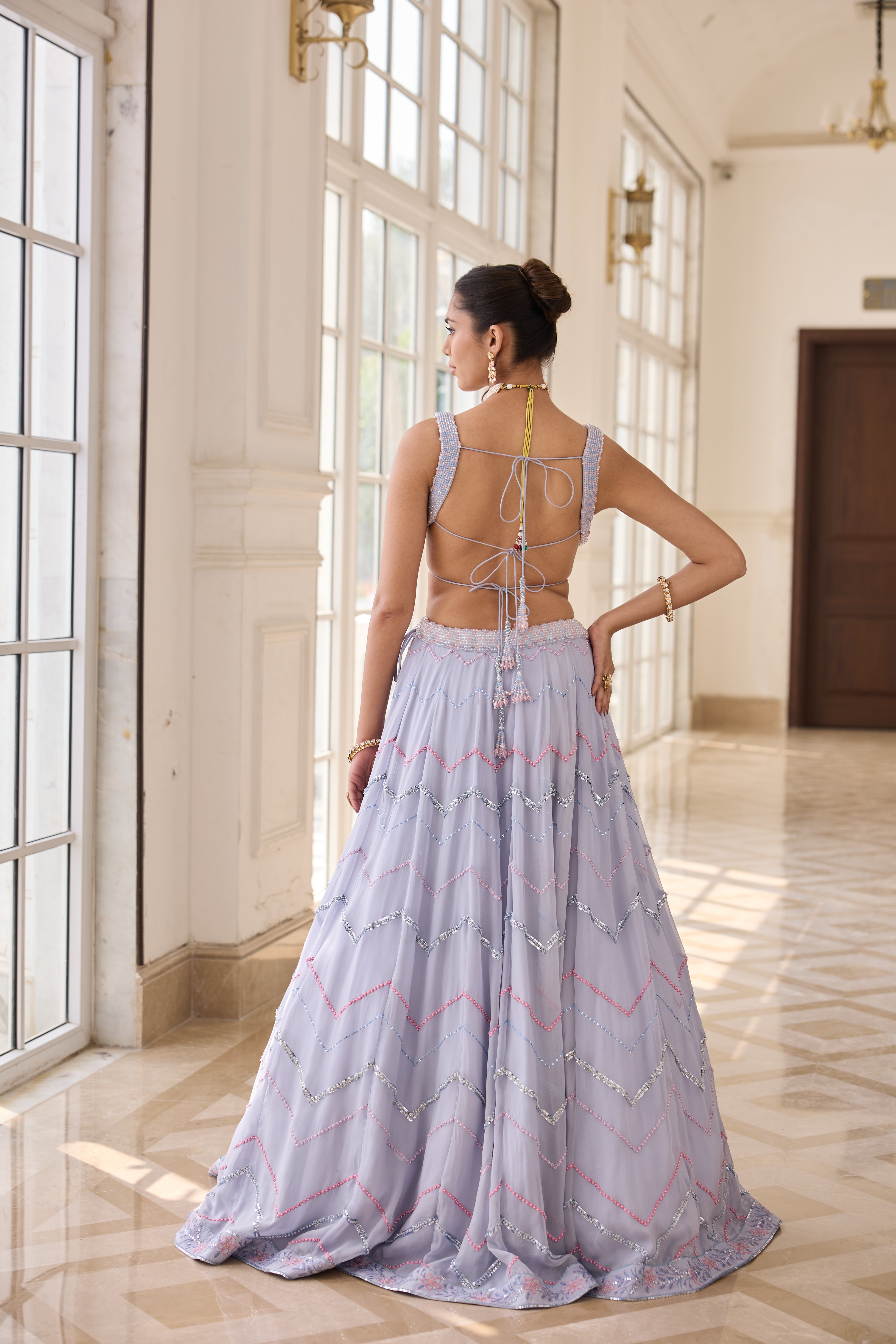Hand Embelished Crystal Embroidered Lehenga and Dupatta - Powder blue