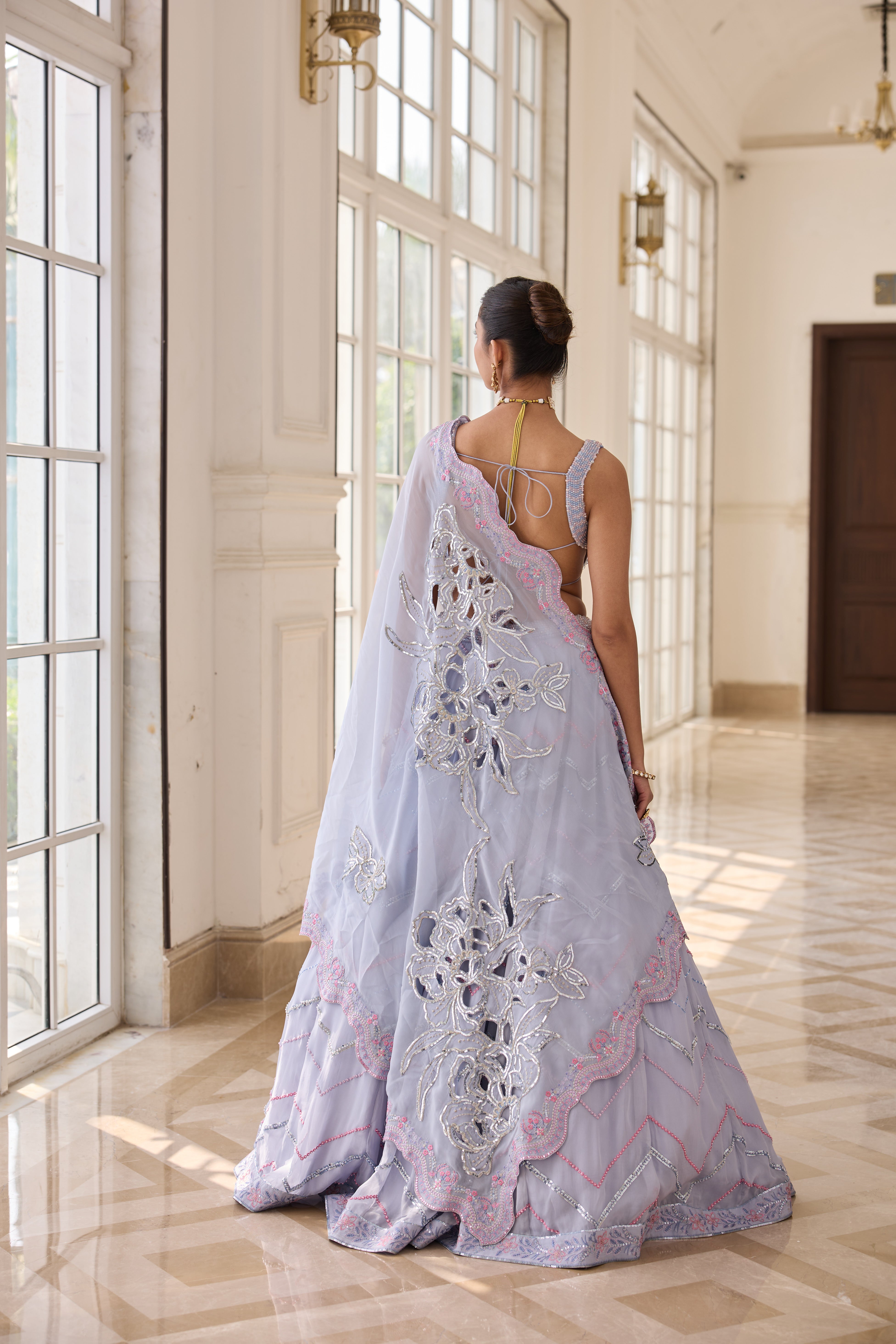 Hand Embelished Crystal Embroidered Lehenga and Dupatta - Powder blue