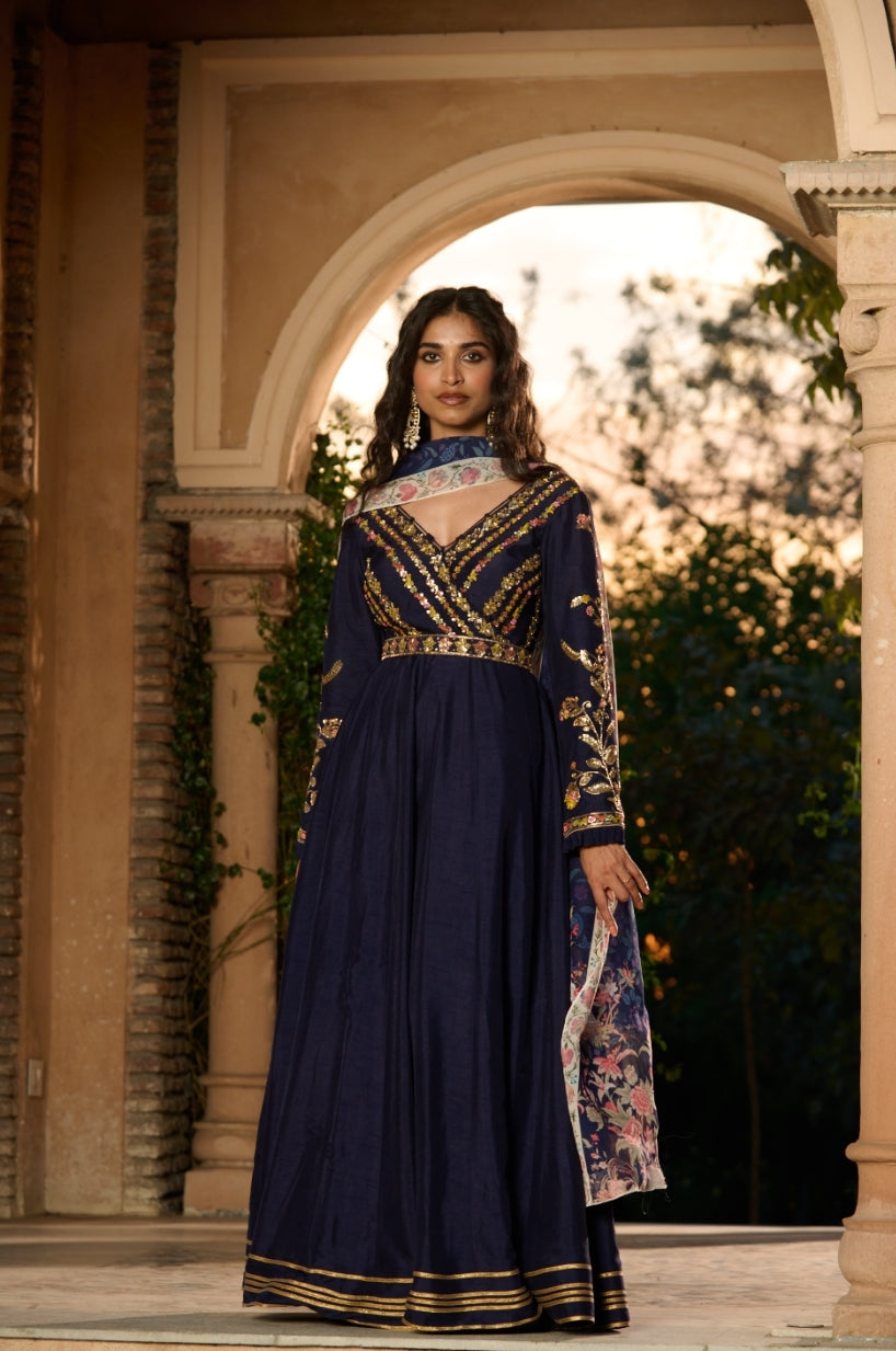 anarkali dress navy blue Navy Blue Abstract Printed Organza Anarkali Suit Set (286-NavyBlue-AFKB)