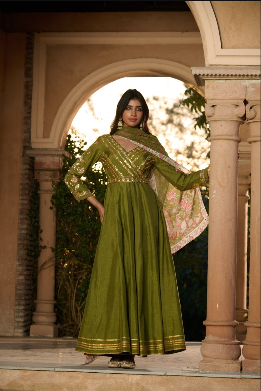 Hand Embroidered Anarkali - Olive