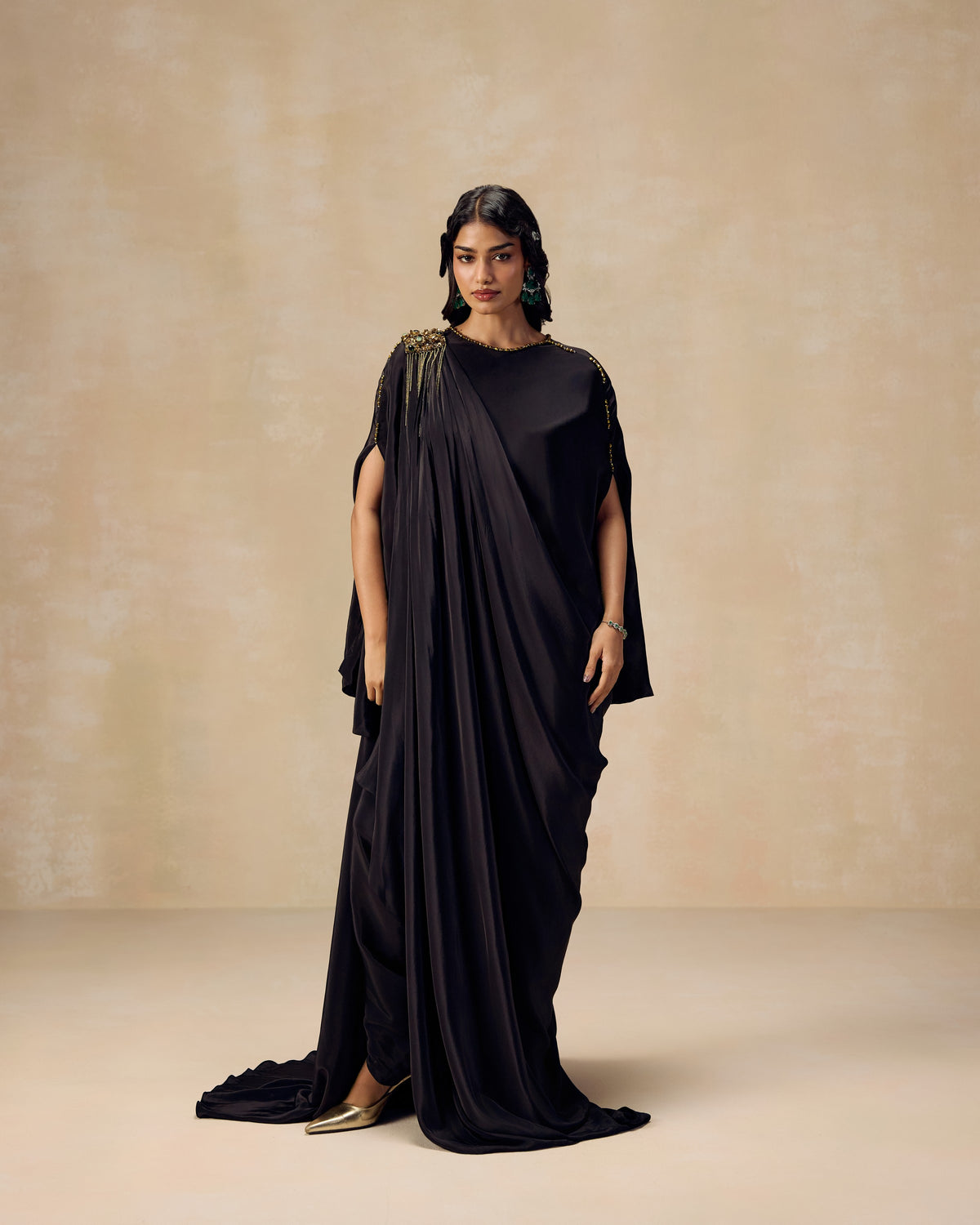 Black crepe tunic with jewelled shoulder drape, gold beading and wide trousers — RINESSA