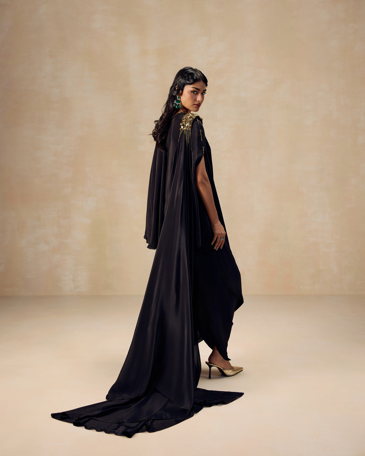 Black Shoulder-Drape Tunic, back view — RINESSA