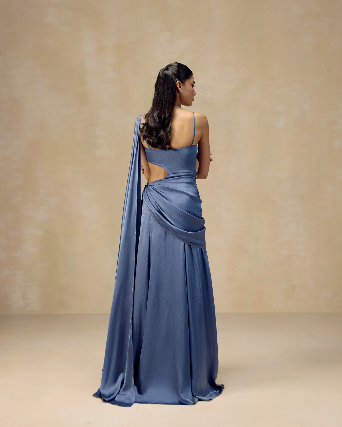 Blue Cut-Out Draped Gown, hand embroidery detail — RINESSA