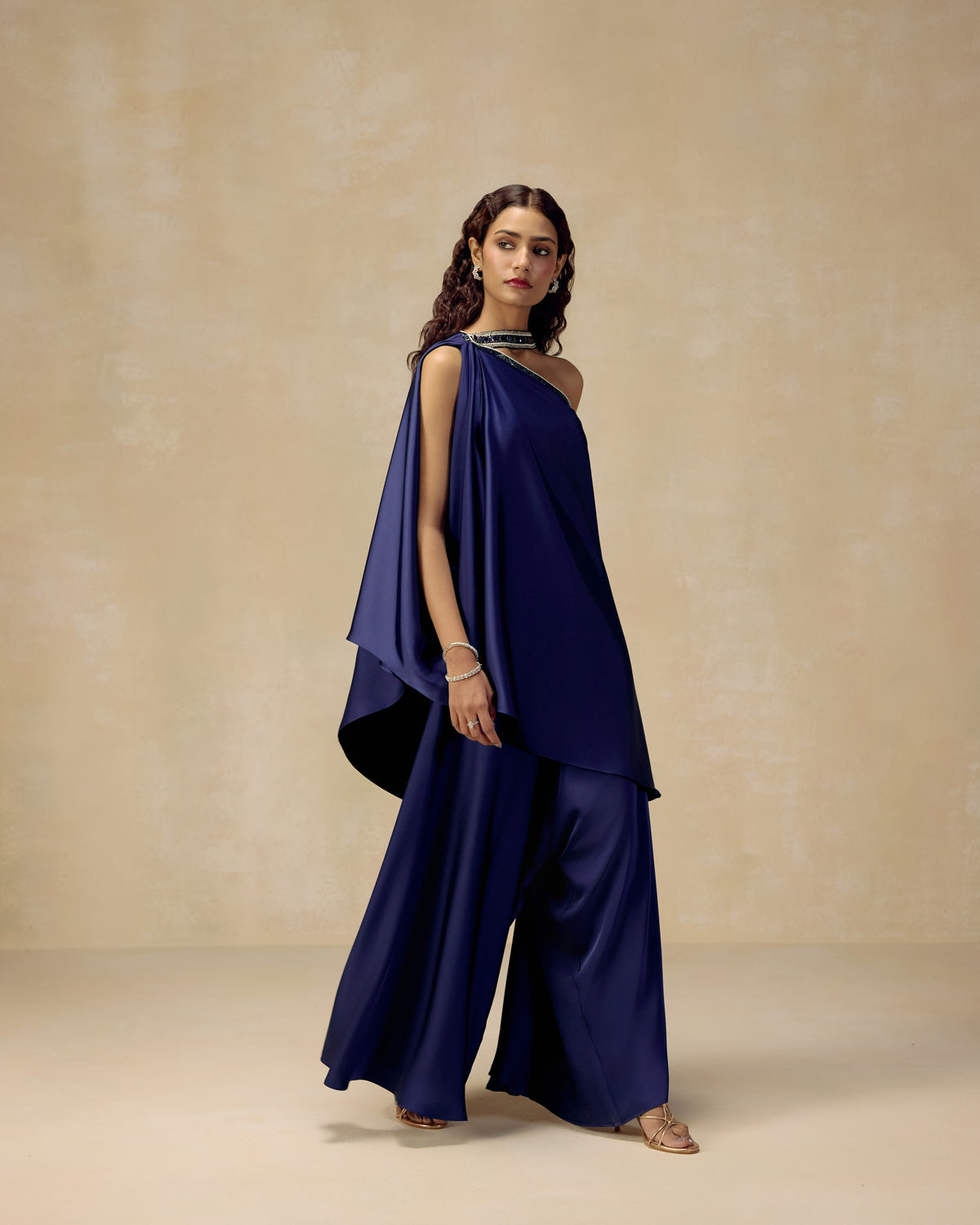 Blue One-Shoulder Draped Tunic, side view — RINESSA