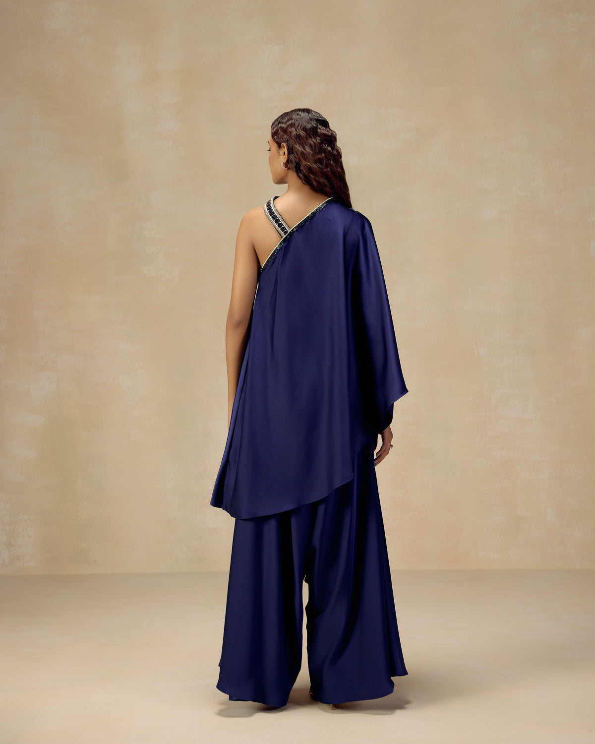 Blue One-Shoulder Draped Tunic, hand embroidery detail — RINESSA