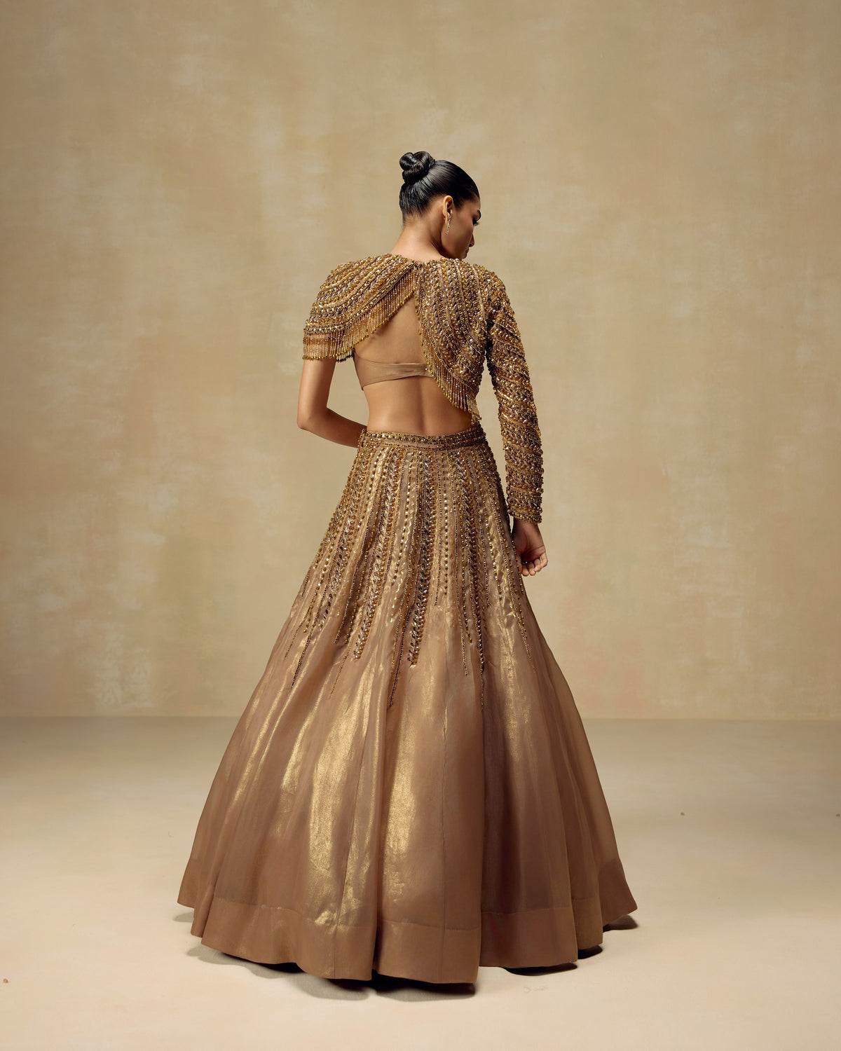 Gold Jewelled Jacket Lehenga, side view — RINESSA