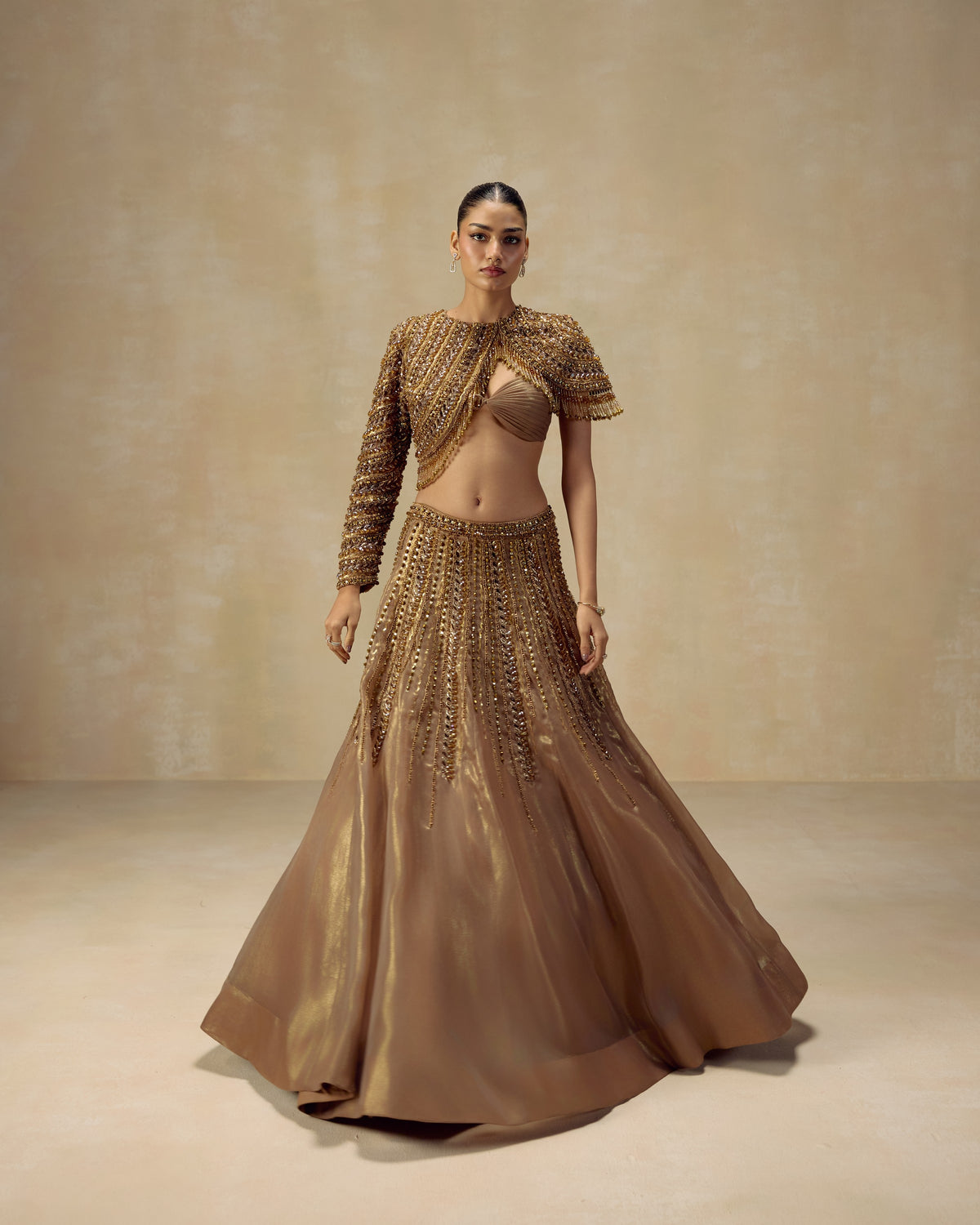 Gold Jewelled Jacket Lehenga, editorial image — RINESSA