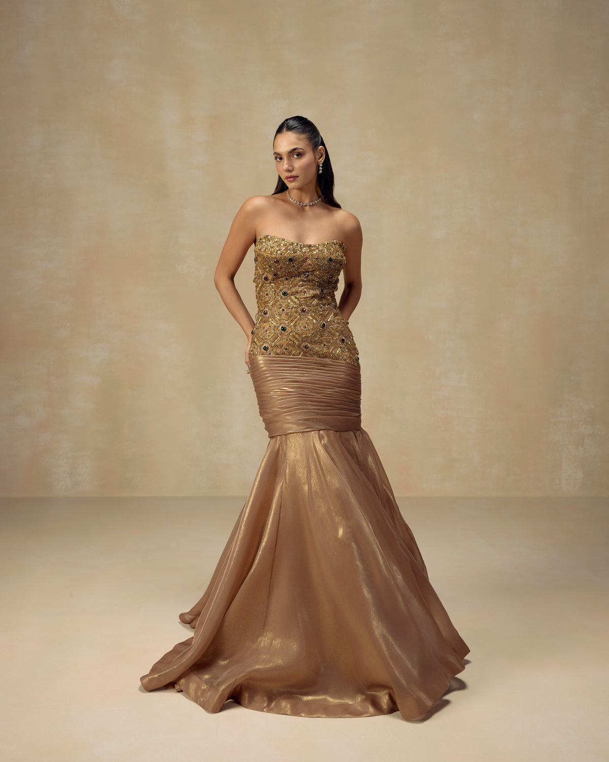 Gold luminous organza mermaid anarkali gown with hand-embroidered stone and crystal bodice — RINESSA