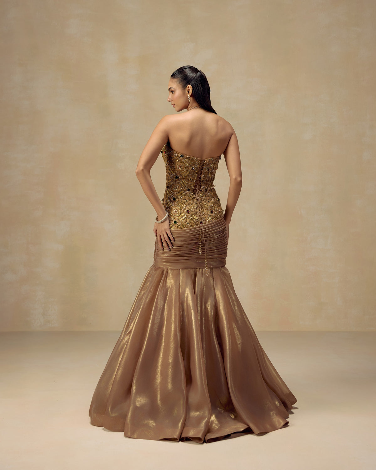 Gold Jewelled Mermaid Gown, side view — RINESSA