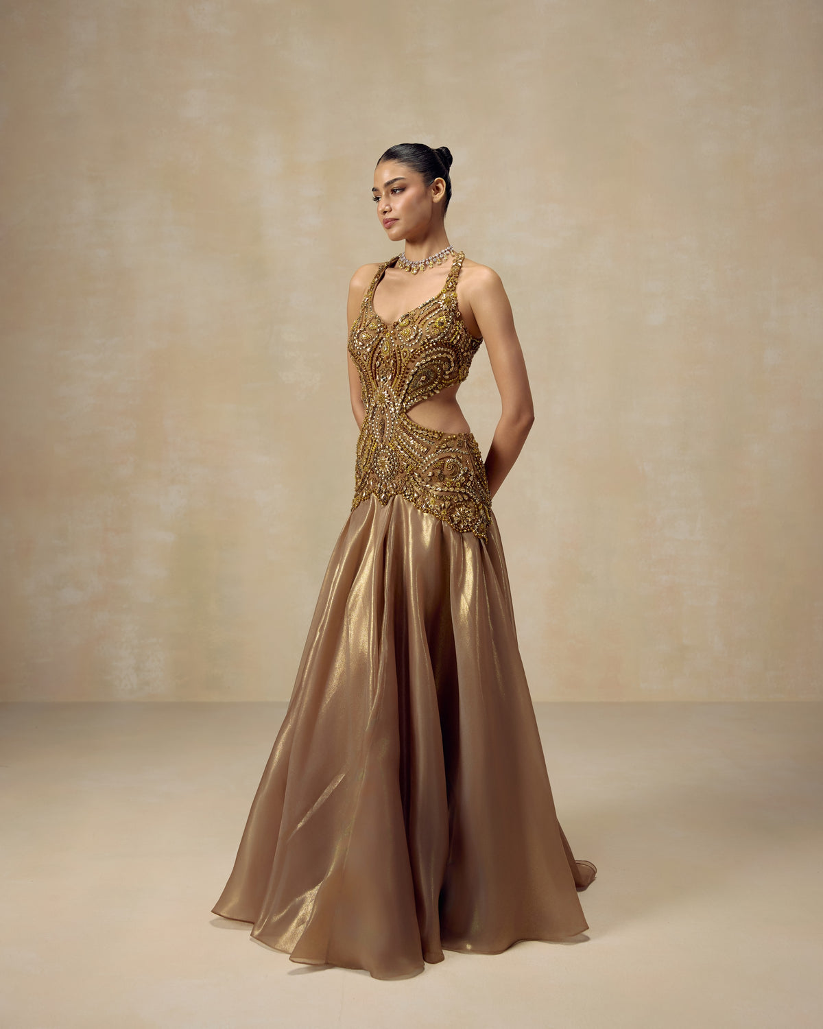 Gold Jewelled Open-Back Gown, hand embroidery detail — RINESSA
