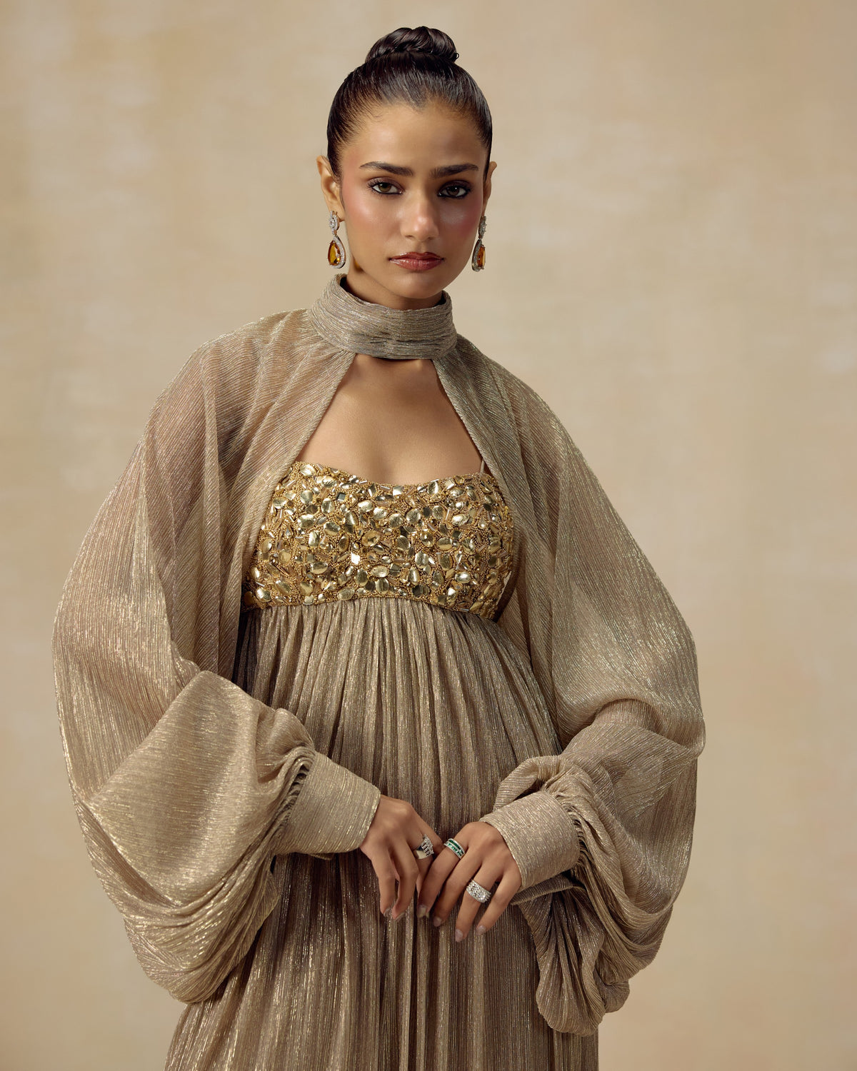 Gold Shimmer Cape Jumpsuit, side view — RINESSA
