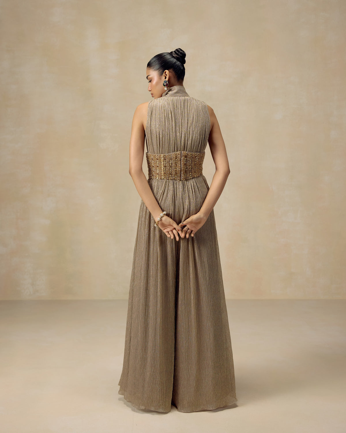 Gold Shimmer High-Neck Jumpsuit, hand embroidery detail — RINESSA
