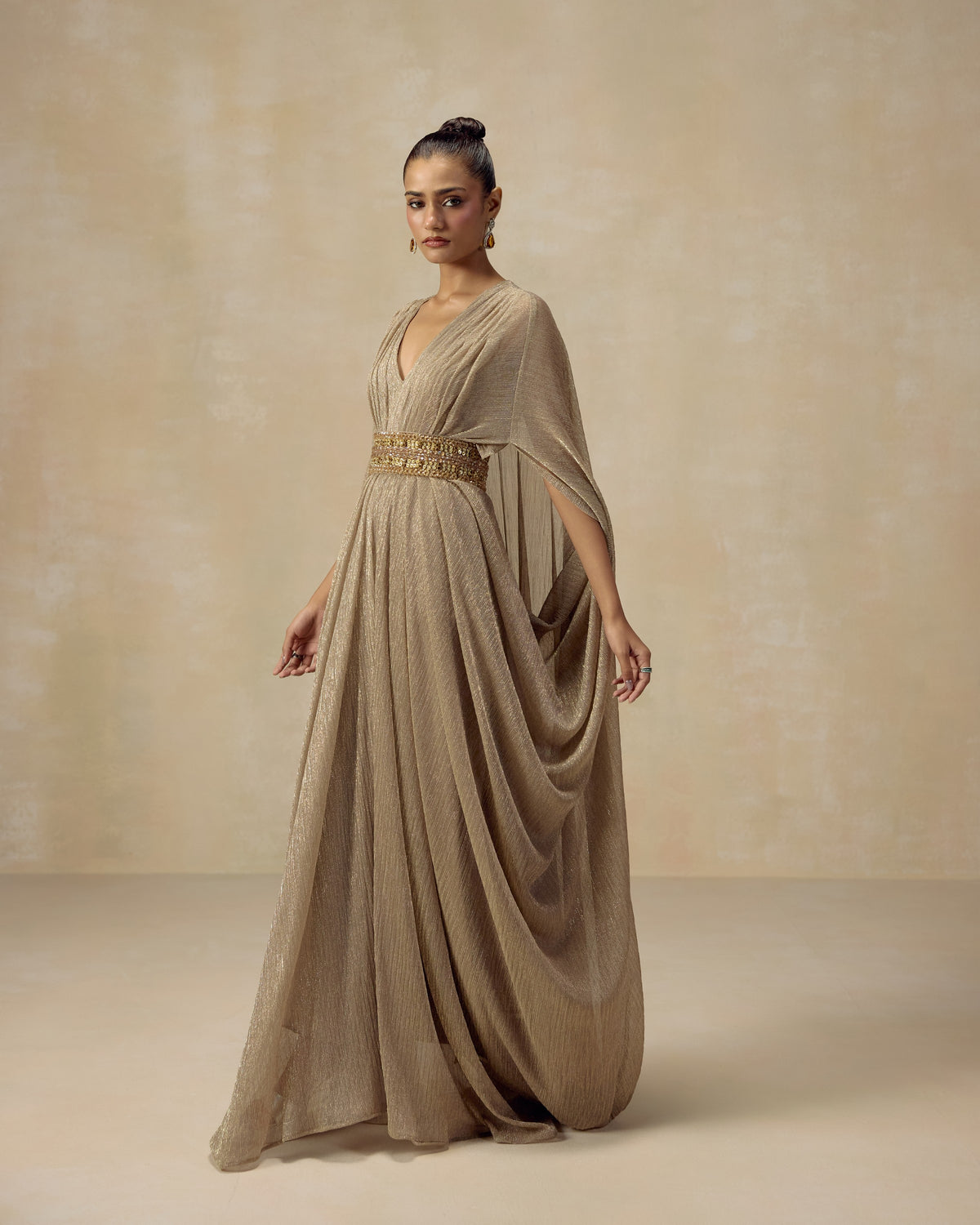 Gold Shimmer Kaftan, side view — RINESSA