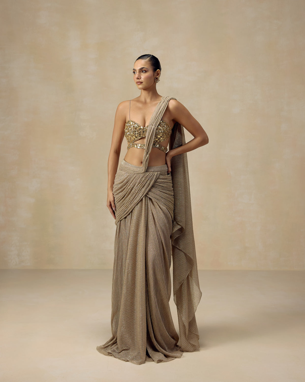Gold shimmer pre-draped saree with hand-embroidered crystal bustier — RINESSA