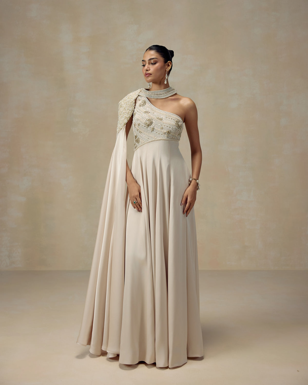 Ivory silk satin anarkali with cape hand-embroidered in pearls and crystals — RINESSA