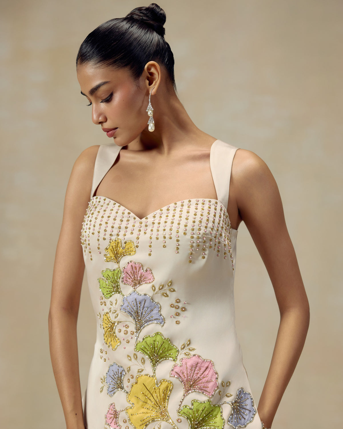 Ivory Floral Tunic and Draped Skirt, back view — RINESSA