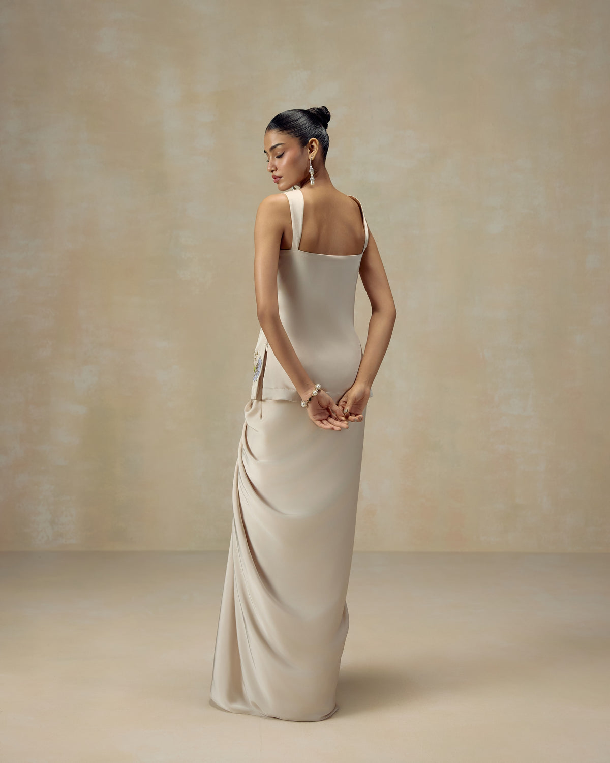 Ivory Floral Tunic and Draped Skirt, side view — RINESSA