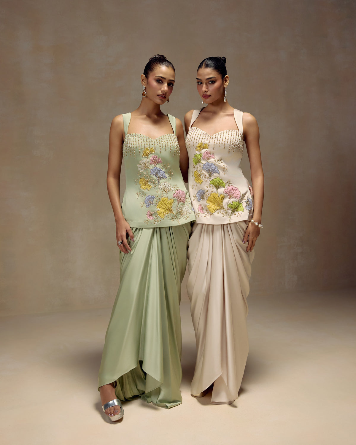 Ivory Floral Tunic and Draped Skirt, hand embroidery detail — RINESSA
