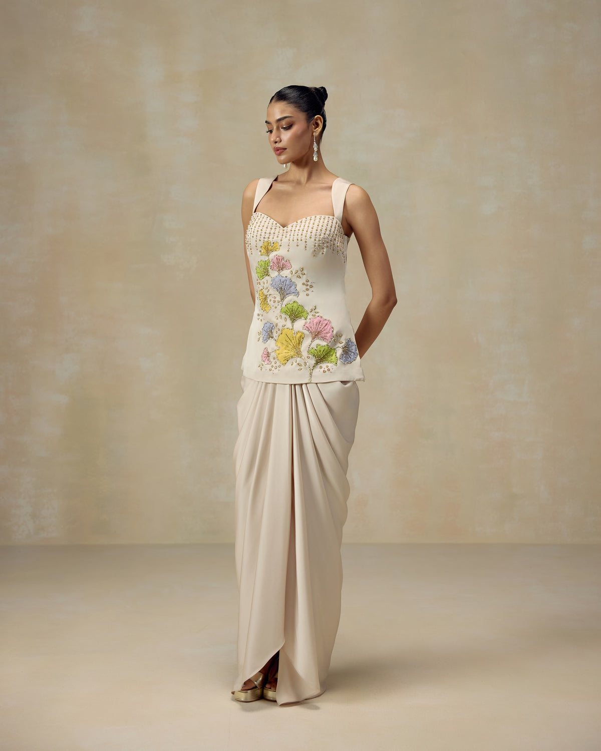 Ivory Floral Tunic and Draped Skirt, editorial image — RINESSA