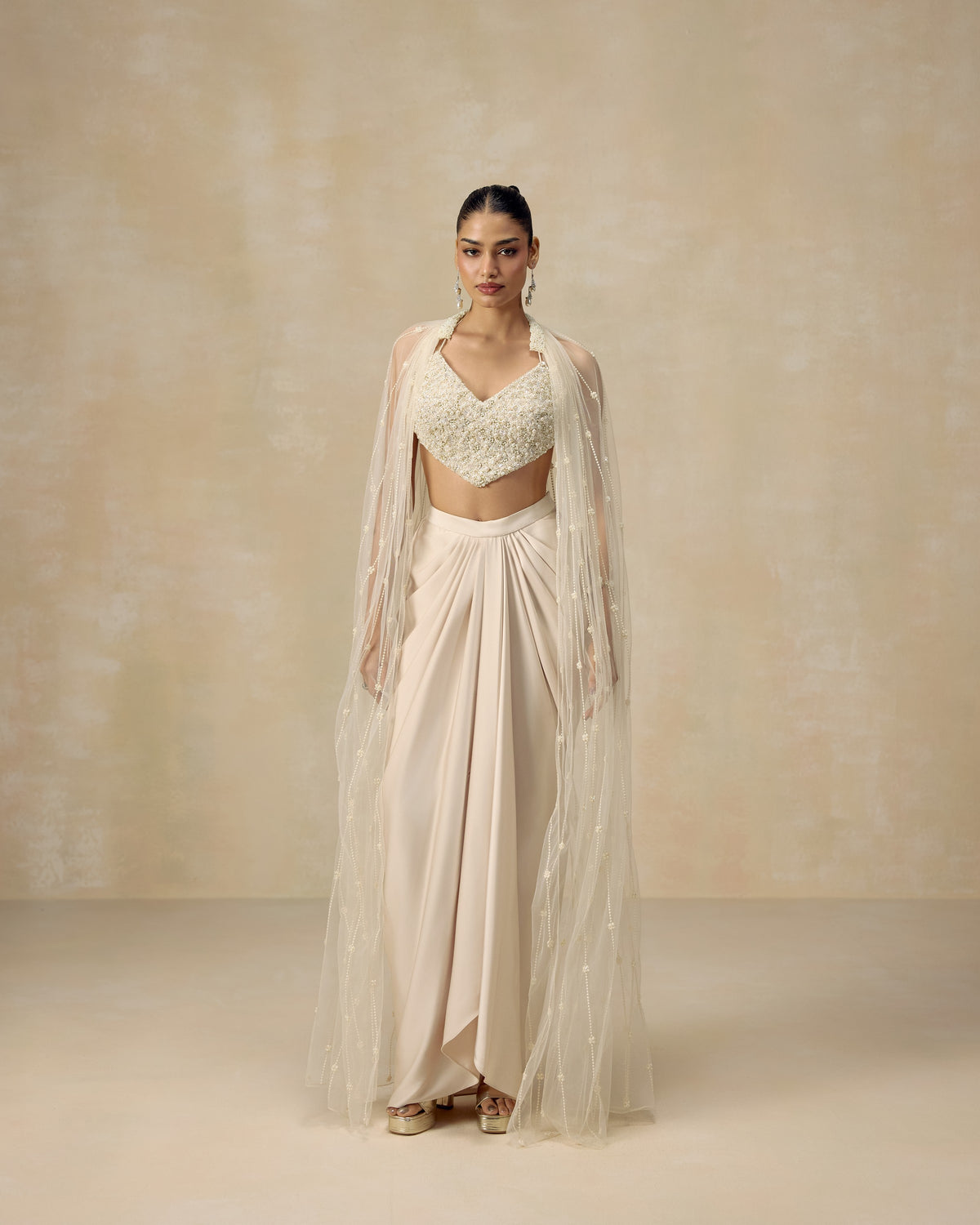 Ivory silk satin backless sweetheart corset blouse with pearl and crystal embroidery, draped skirt and cape — RINESSA