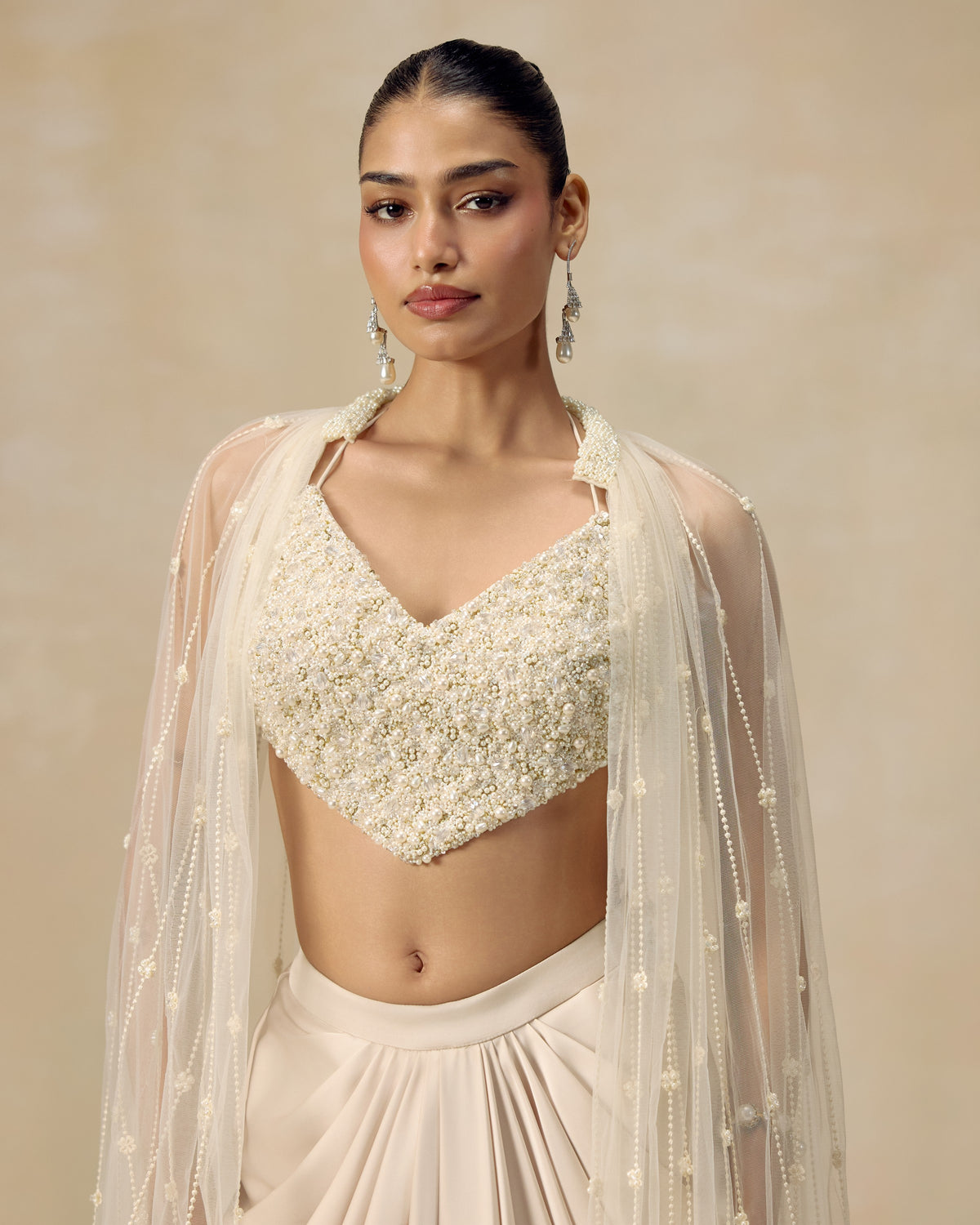 Ivory Pearl Corset with Draped Skirt, back view — RINESSA