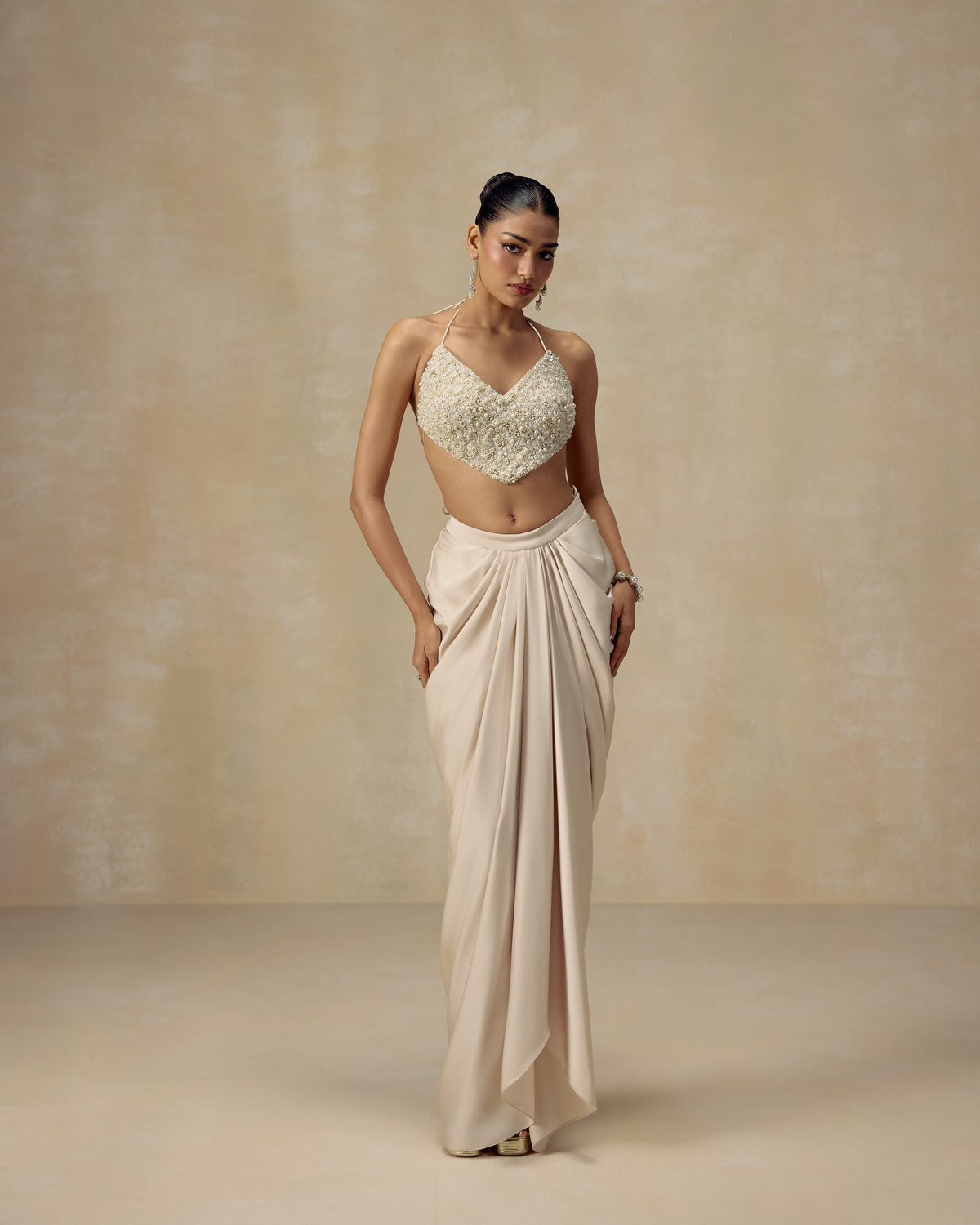 Ivory Pearl Corset with Draped Skirt, side view — RINESSA