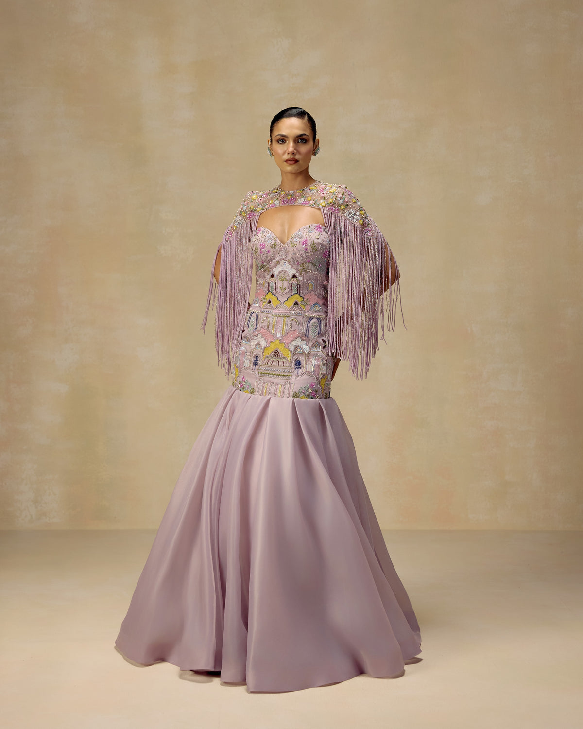 Lilac organza anarkali gown with Persian garden embroidery, box-pleated and tasselled cape — RINESSA