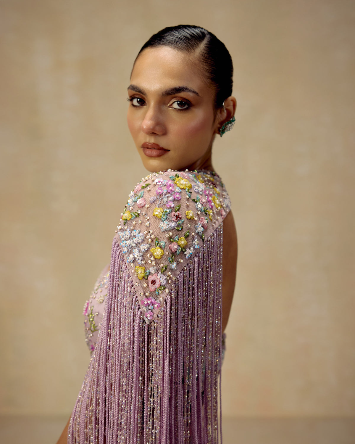 Lilac Persian Garden Gown, hand embroidery detail — RINESSA