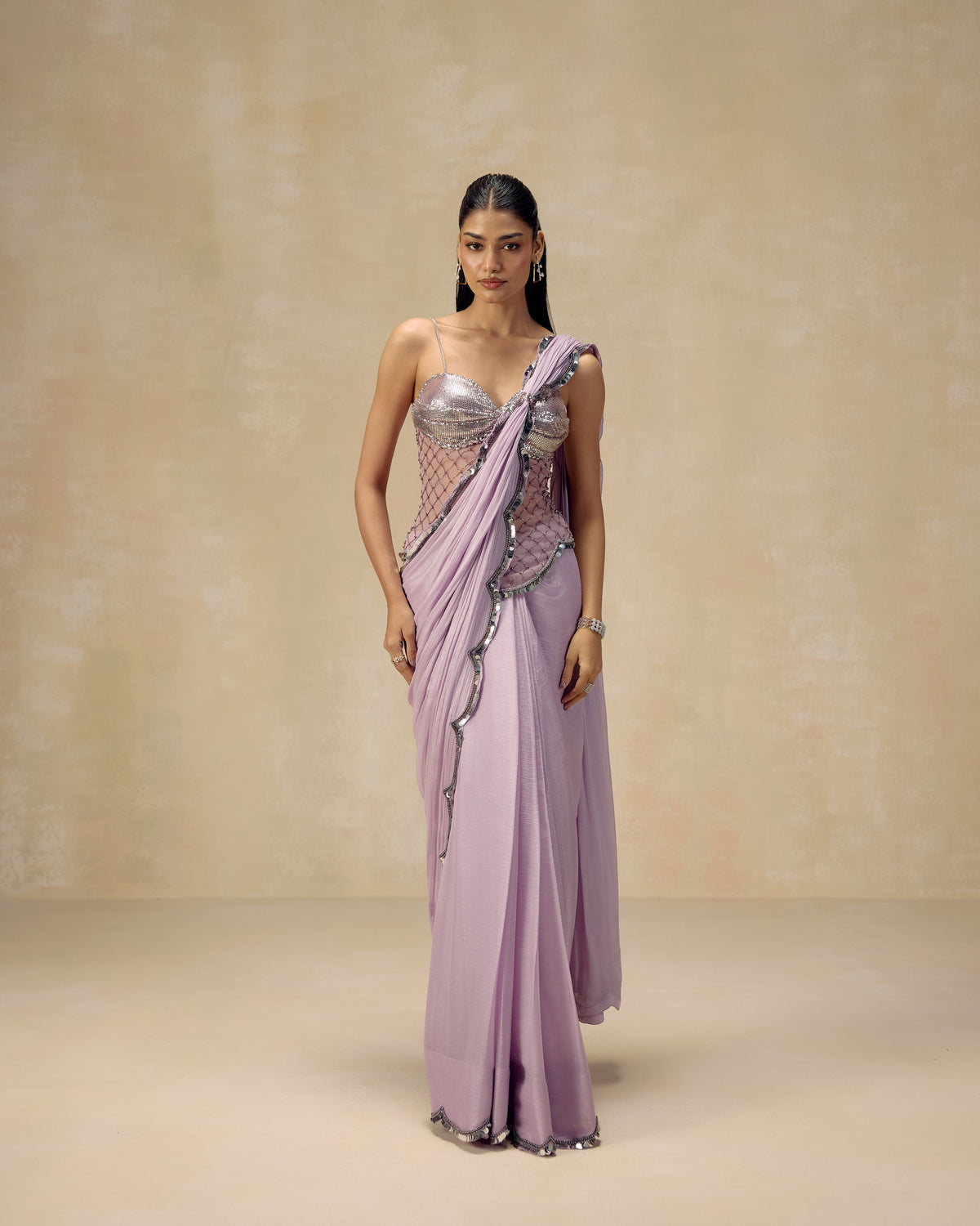 Lilac shimmer tissue pre-draped saree with scalloped border and crystal grid corset — RINESSA