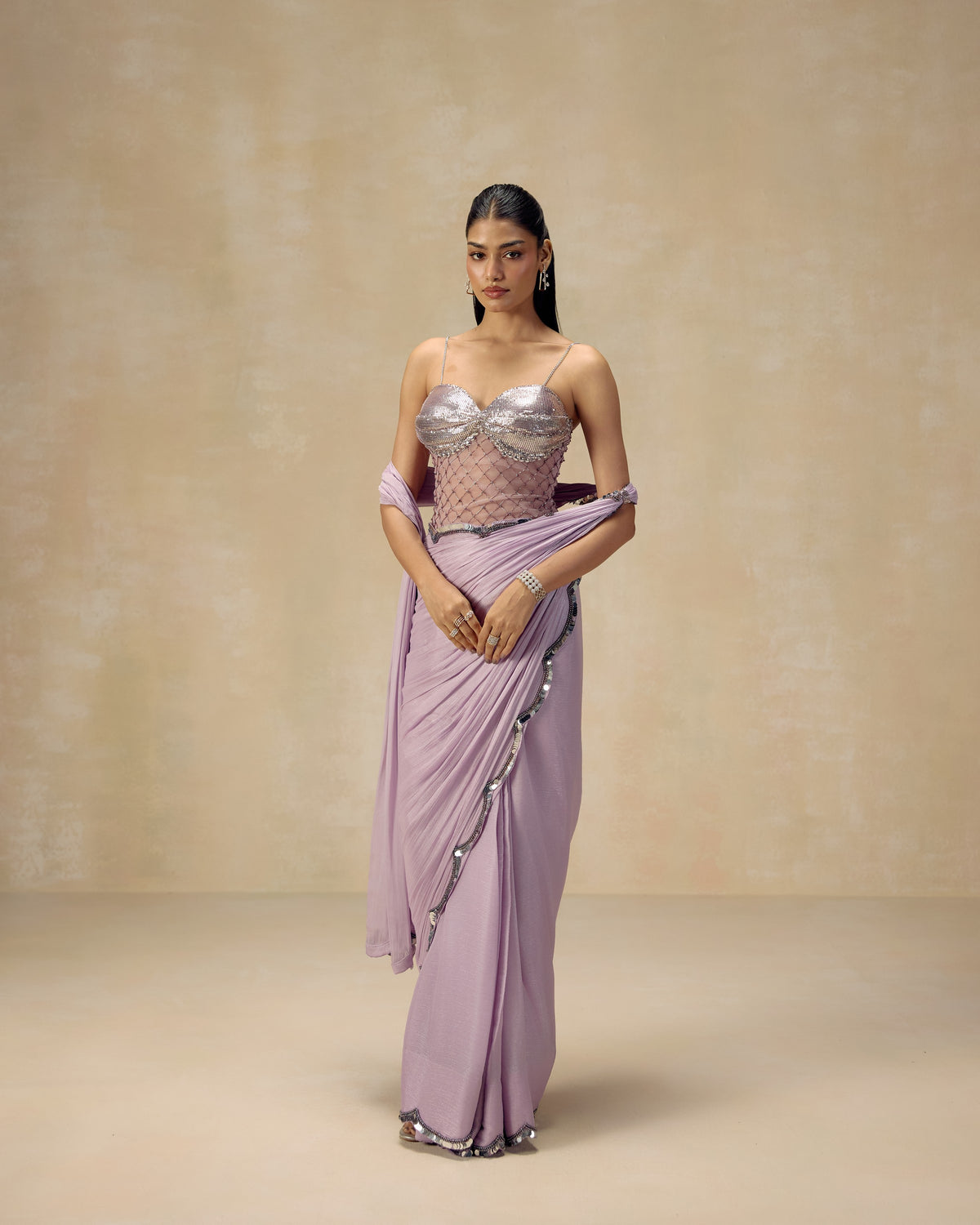 Lilac Shimmer Pre-Draped Saree, side view — RINESSA
