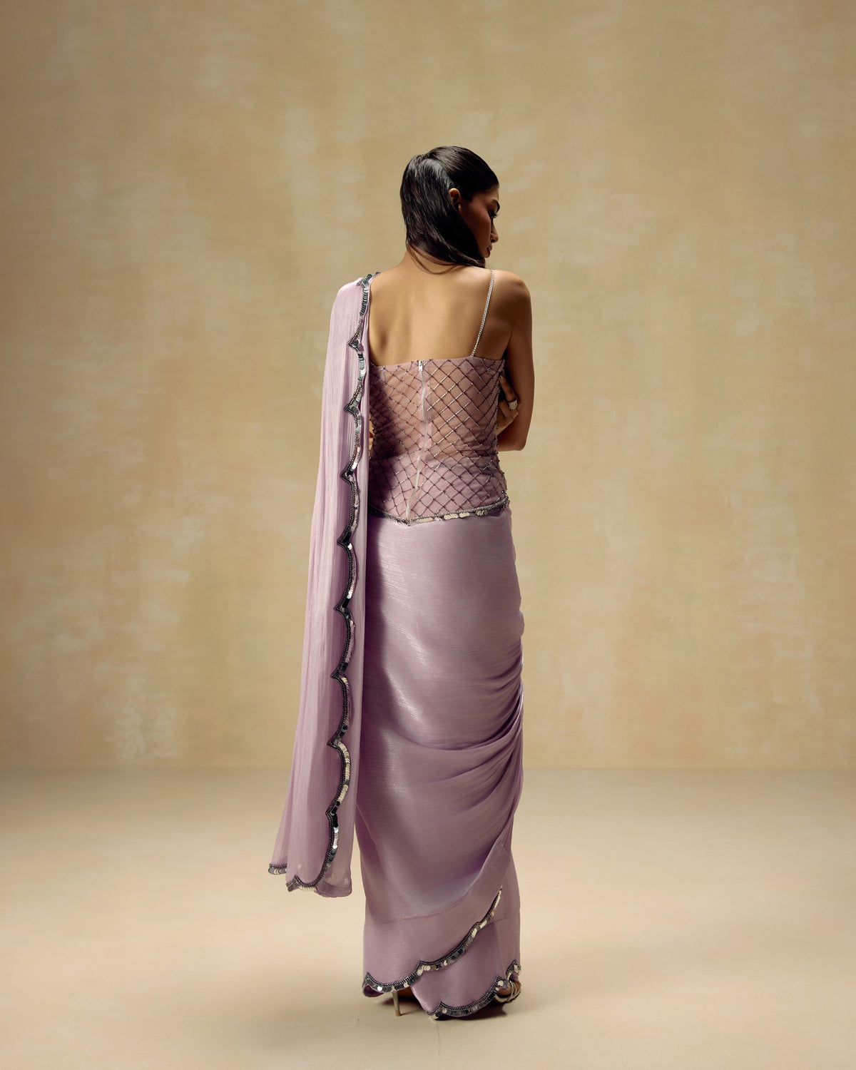 Lilac Shimmer Pre-Draped Saree, hand embroidery detail — RINESSA