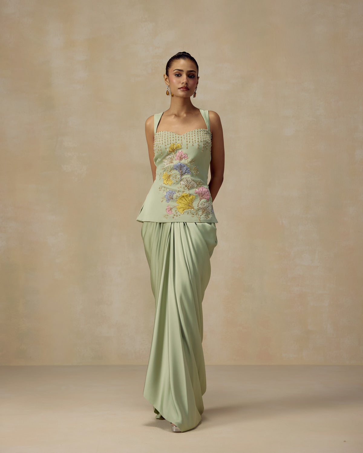 Mint silk satin tunic and draped skirt with colourful floral appliqué, pearl and gold hand embroidery — RINESSA