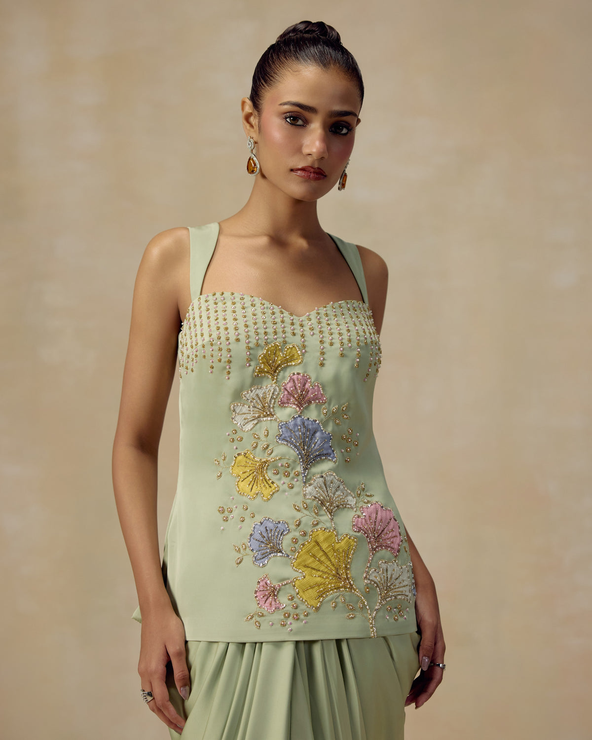 Mint Floral Tunic and Draped Skirt, back view — RINESSA