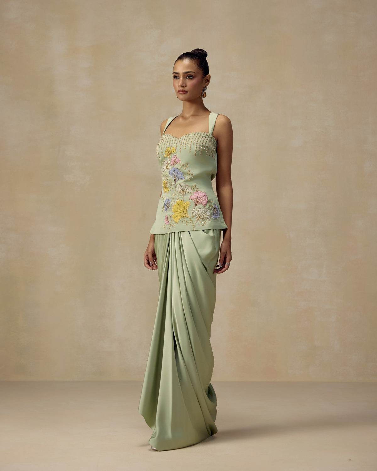 Mint Floral Tunic and Draped Skirt, hand embroidery detail — RINESSA
