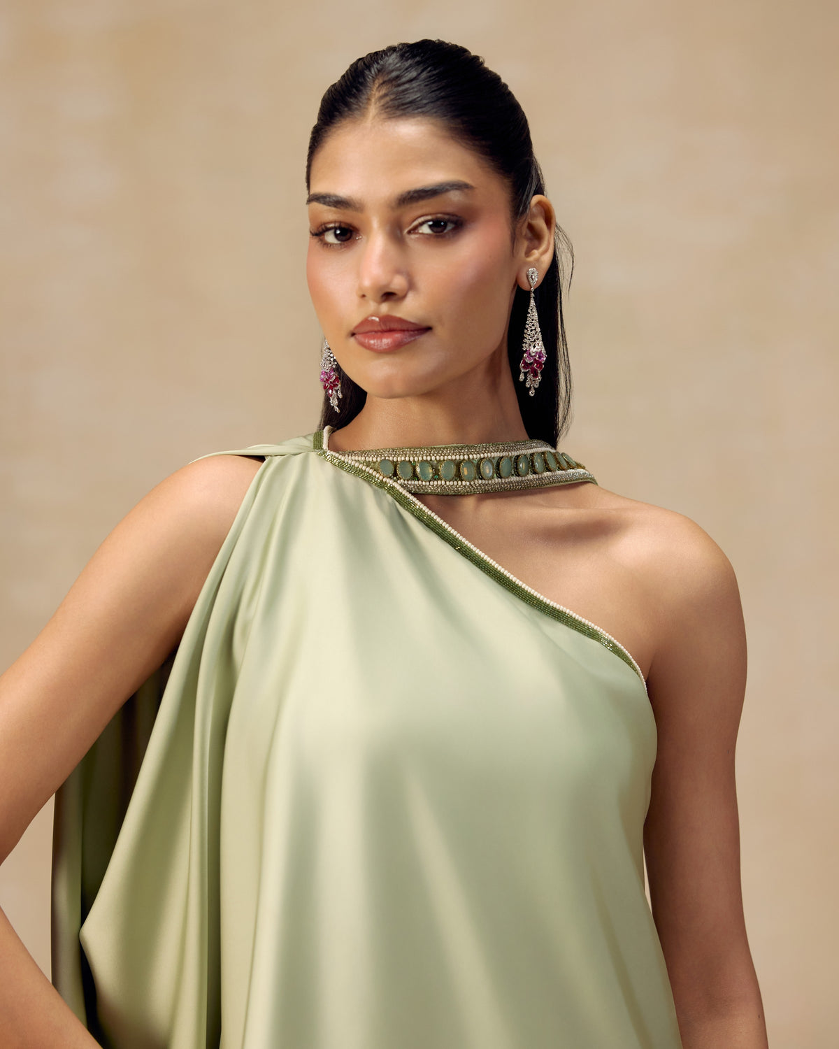 Mint One-Shoulder Draped Tunic, back view — RINESSA
