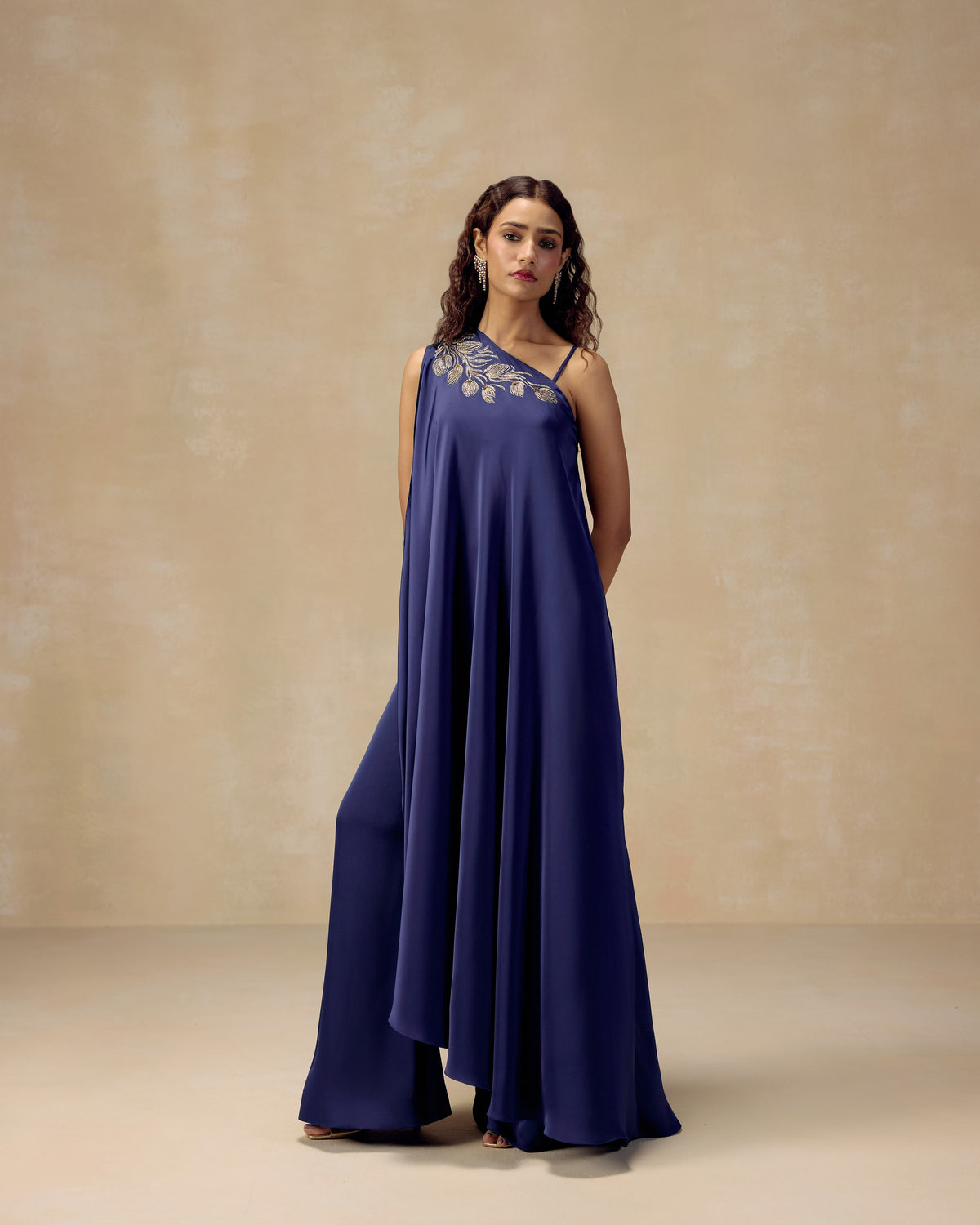 Navy silk satin one-shoulder kurta top with zari and stone embroidery, bustier and sharara — RINESSA