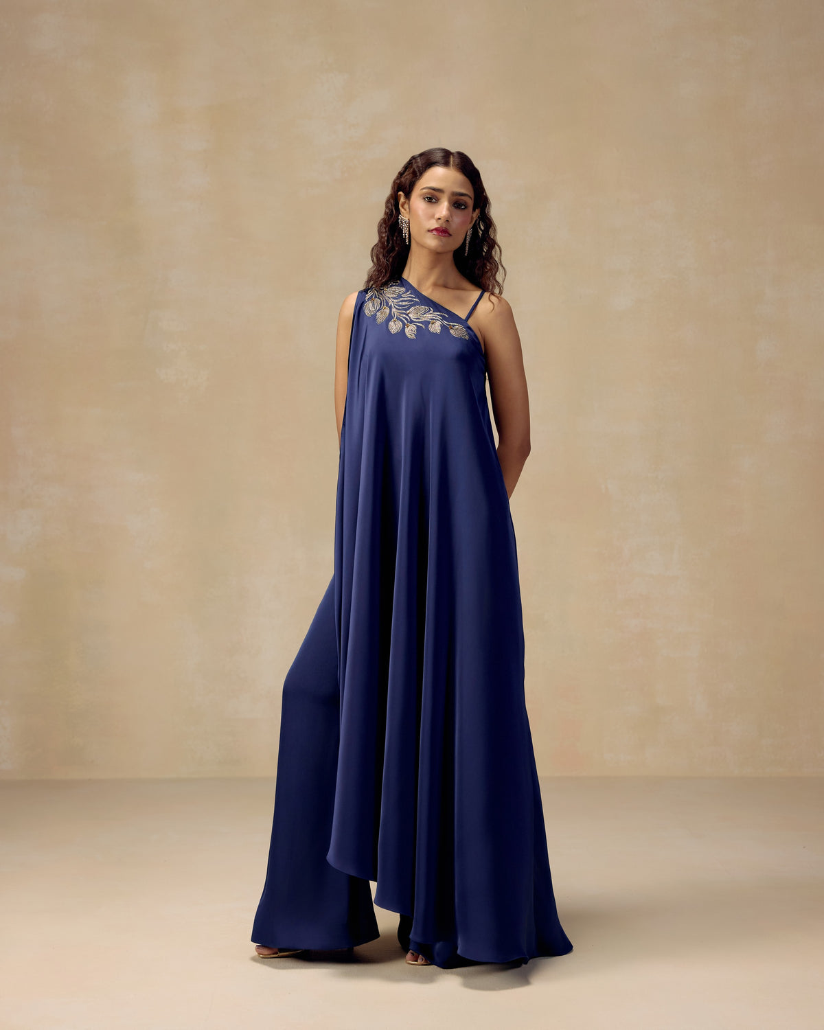 Navy silk satin one-shoulder kurta top with zari and stone embroidery, bustier and sharara — RINESSA