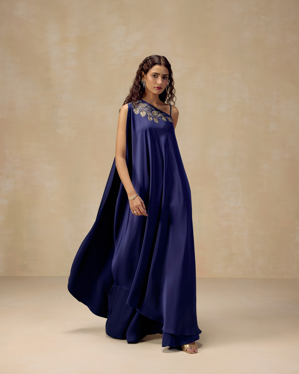 Navy One-Shoulder Sharara Set, side view — RINESSA