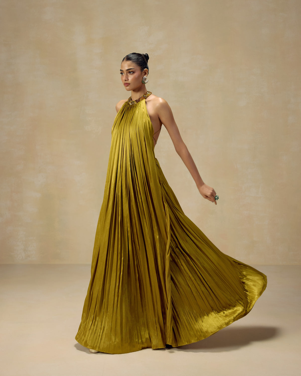 Olive textured satin ruched halter tunic top and skirt with side slit and hand-embroidered neckline — RINESSA