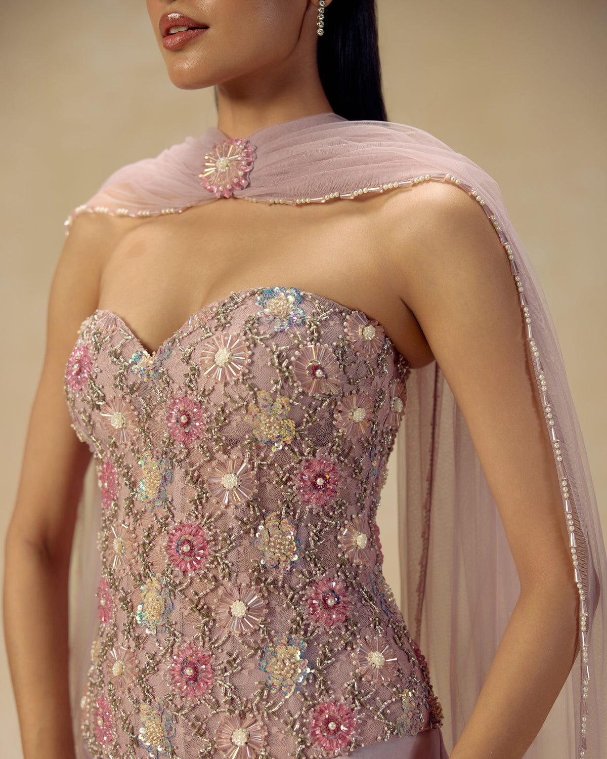 Pink Crystal Corset with Dupatta, back view — RINESSA