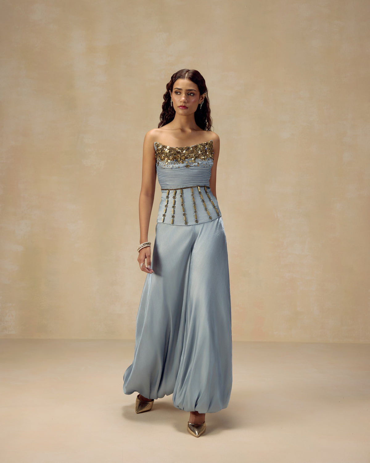 Powder blue shimmer tissue corset jewelled with tikki and stones, with balloon trousers — RINESSA