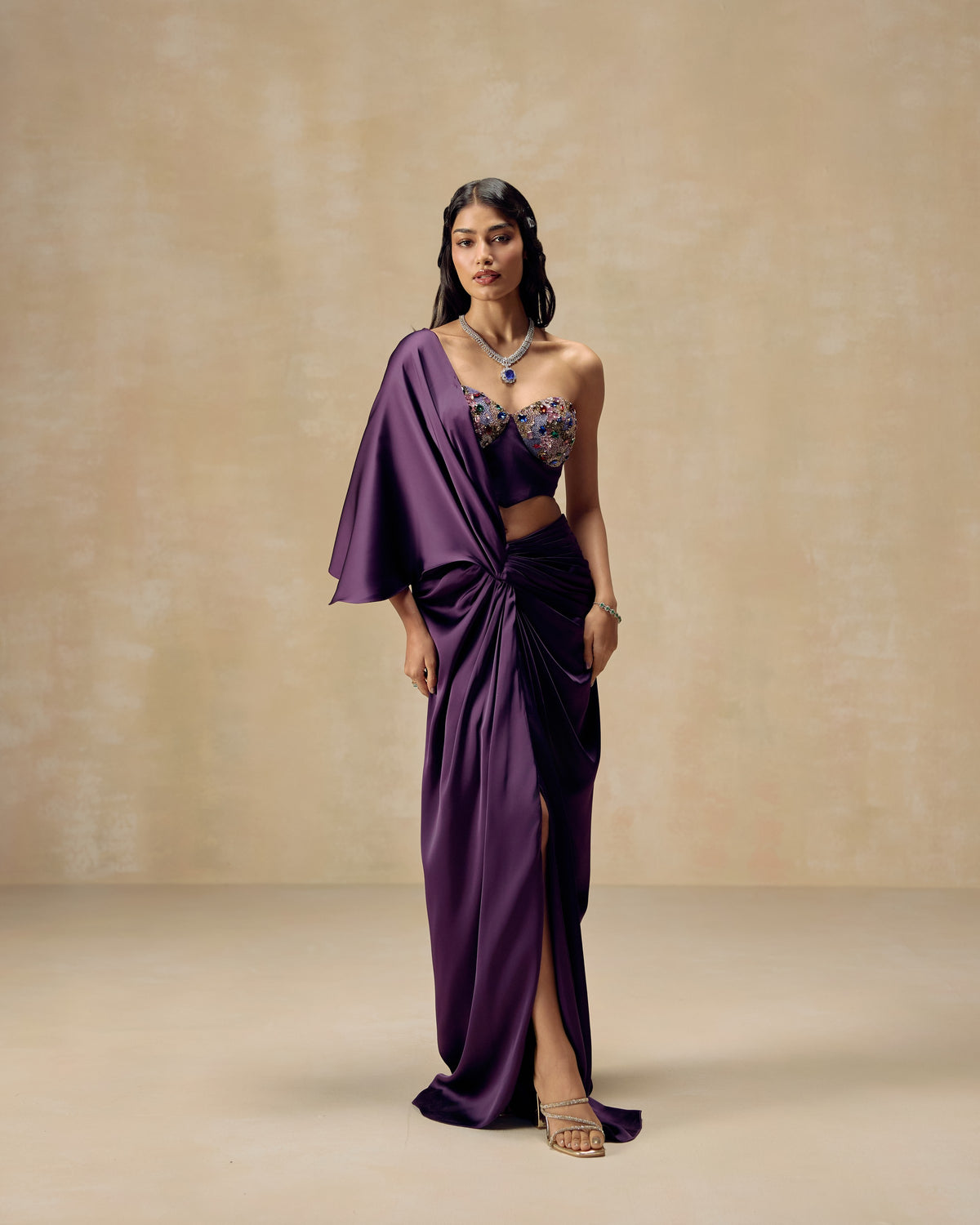 Purple silk satin pre-draped saree with crystal and stone bustier — RINESSA