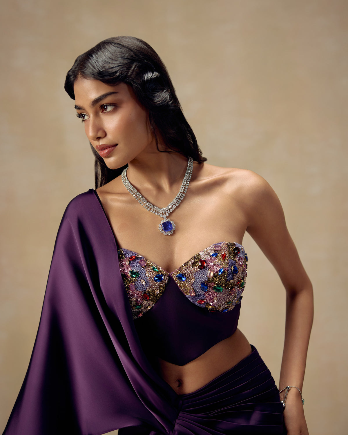Purple Crystal Pre-Draped Saree, back view — RINESSA