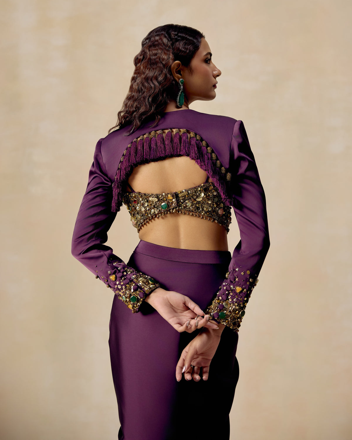 Purple Jewelled Pre-Draped Saree, side view — RINESSA