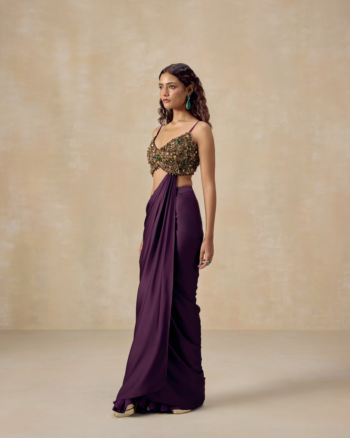 Purple Jewelled Pre-Draped Saree, hand embroidery detail — RINESSA