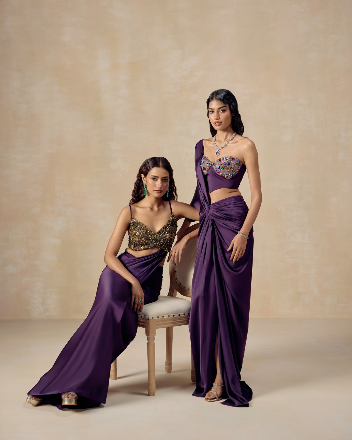 Purple Jewelled Pre-Draped Saree, editorial image — RINESSA
