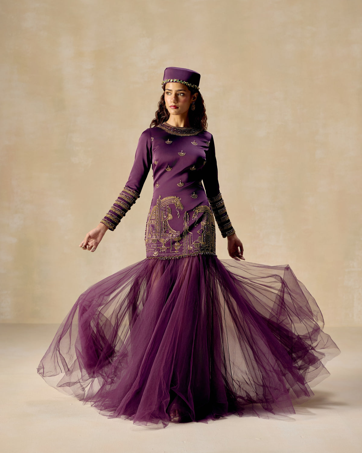 Purple anarkali with silk satin bodice with net and Persian horse hand embroidery — RINESSA