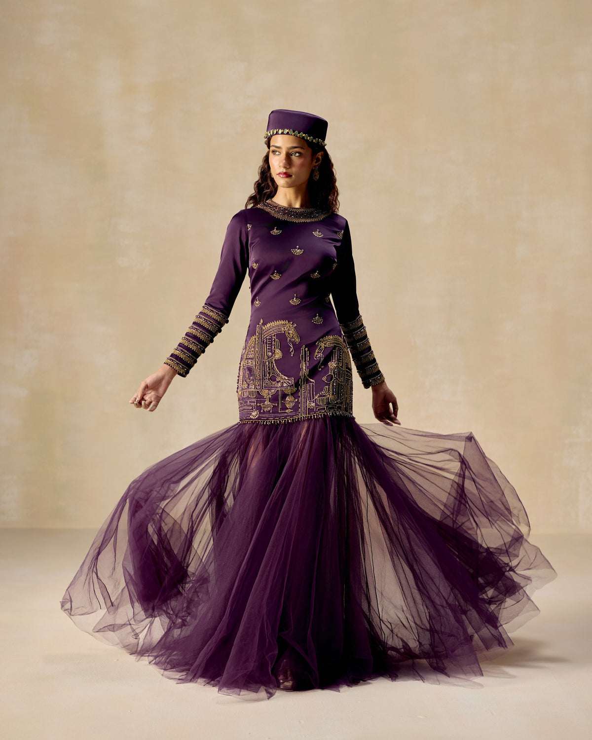 Purple anarkali with silk satin bodice with net and Persian horse hand embroidery — RINESSA