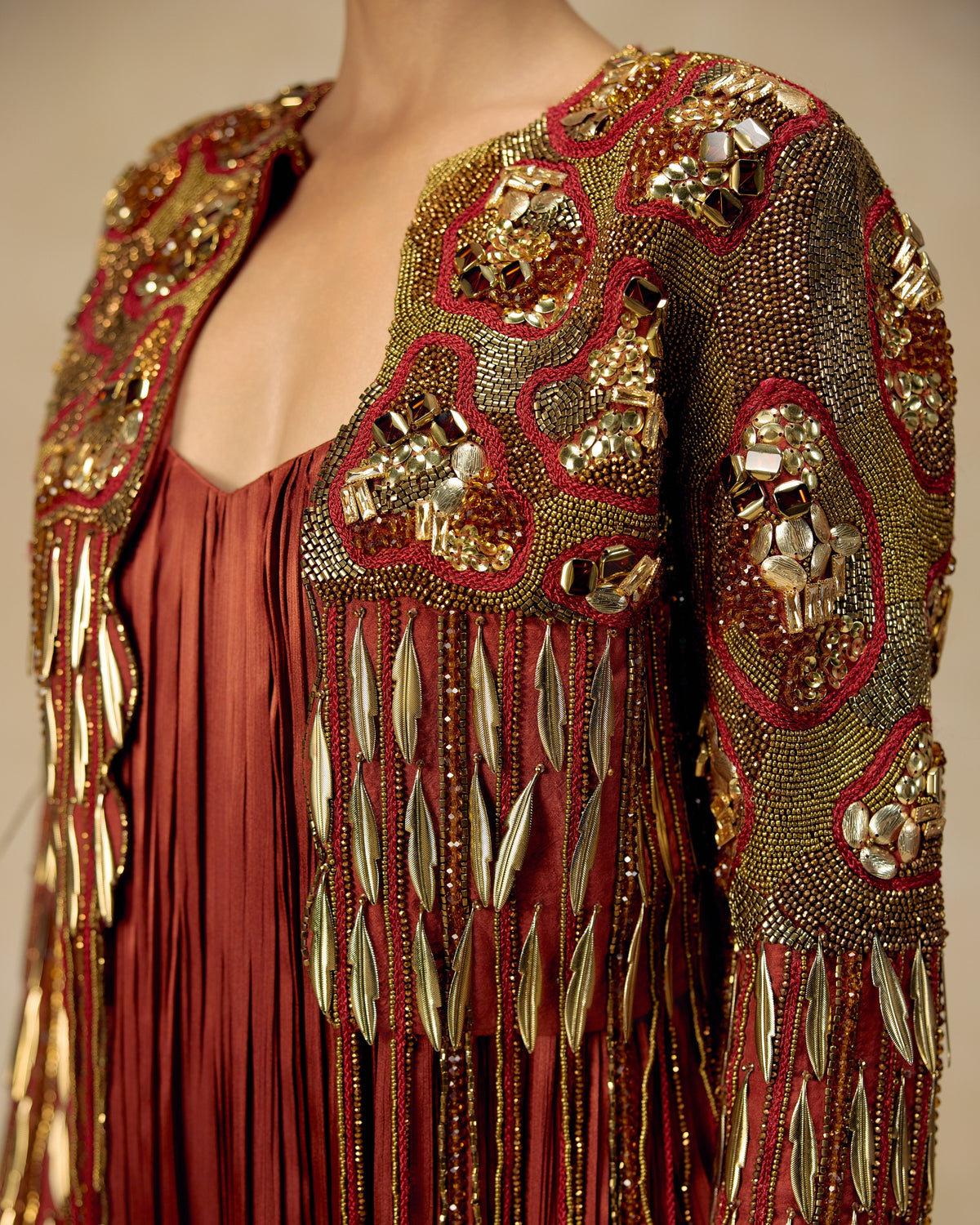 Rust Pleated Anarkali Gown, hand embroidery detail — RINESSA