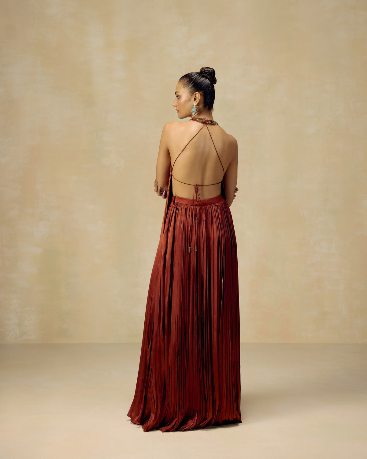 Rust Ruched Halter Tunic, side view — RINESSA